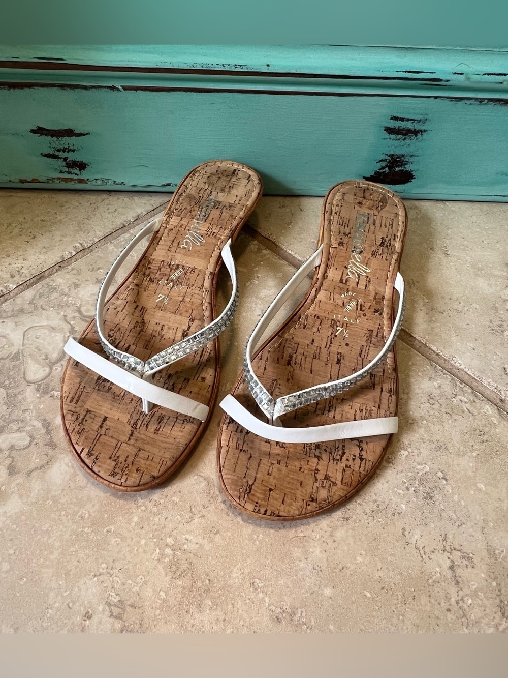 ToscanElla Sandal White w Crystal Accent Made in Spain Cork Wedge Heel Size 7.5